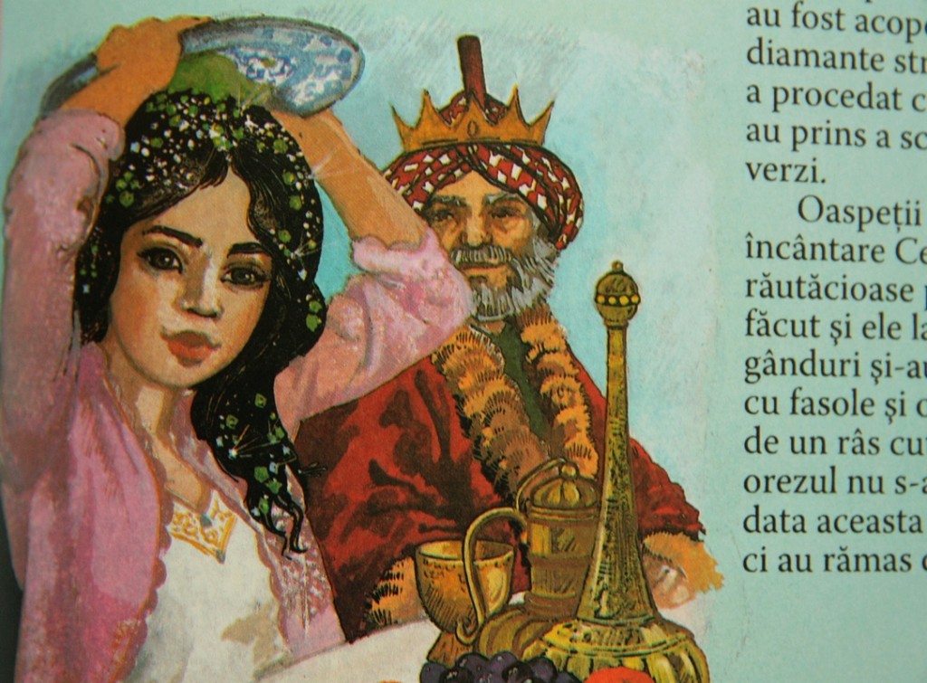 „Când a fost servit orezul, soţia lui Mahomed şi-a turnat conţinutul lui în cap. Buclele ei negre ca abanosul au fost acoperite într-o clipită cu diamente strălucitoare.” Ilustraţie la ediţia Flamingo. (Foto @)