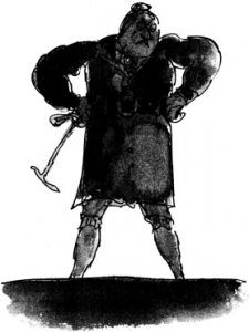 Îngrozitoarea directoare a şcolii, Domnişoara Trunchbull.  Ilustraţie de Quentin Blake.